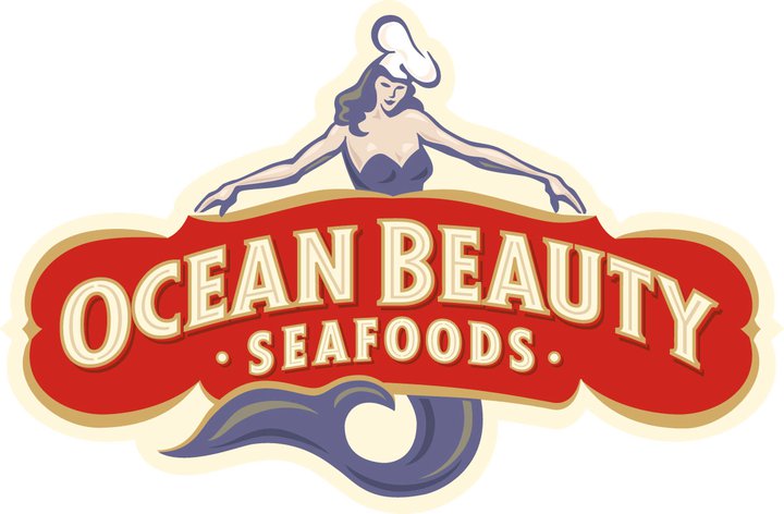 the Ocean Beauty Seafoods logo featuring a drawing of a mermaid wearing a chef's hat