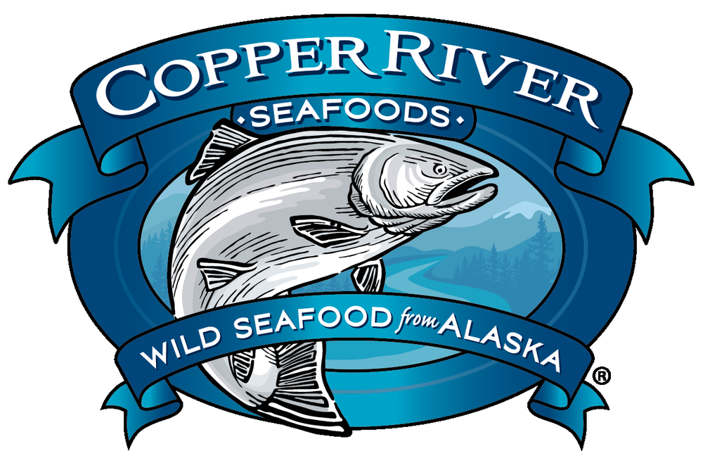 the Copper River Seafoods logo featuring a drawing of a salmon and the tagline "Wild Seafood From Alaska"